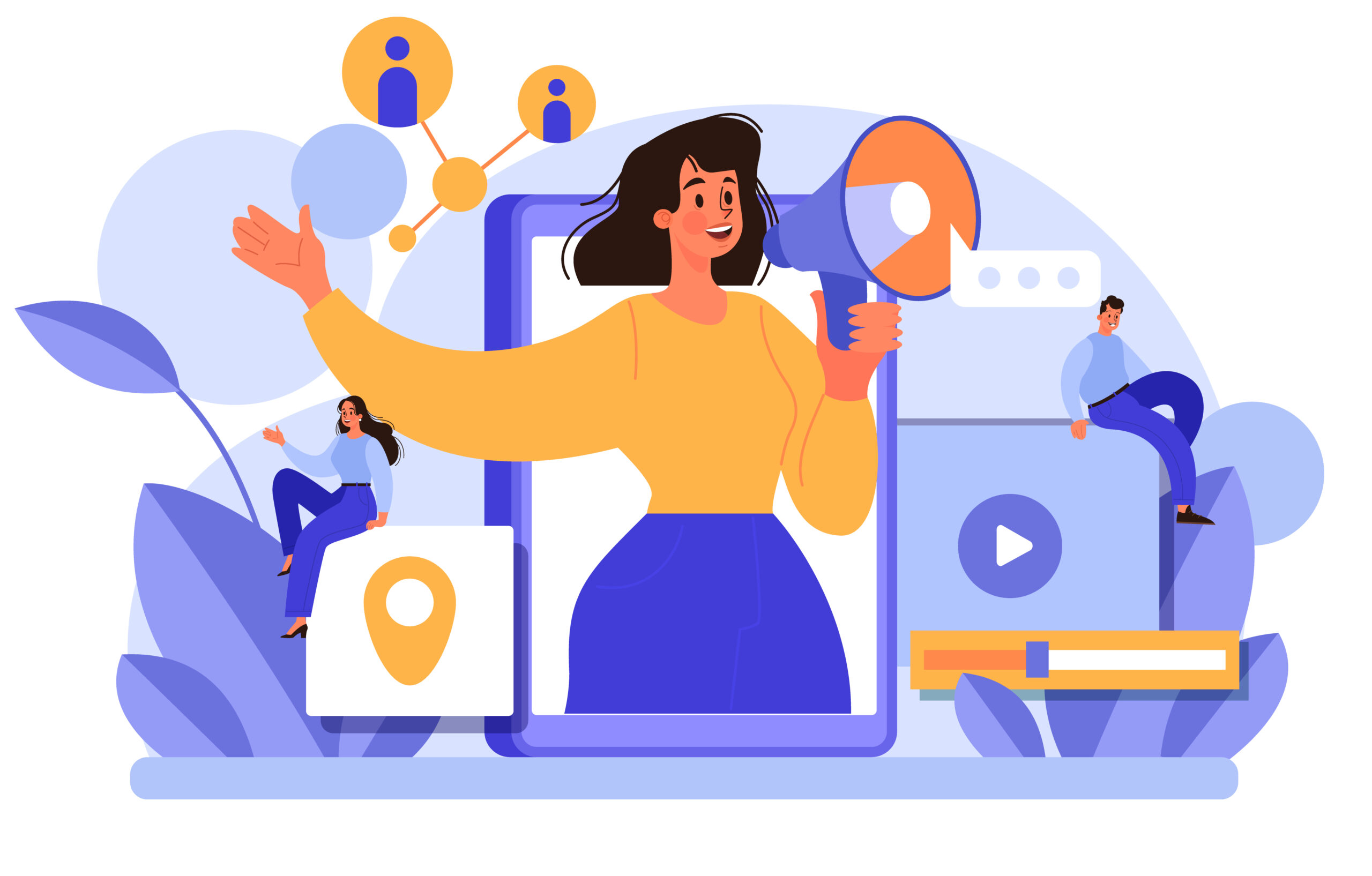 Illustration d’une femme parlant au mégaphone émergeant d’un écran, entourée de petits personnages et icônes, symbolisant la promotion et la visibilité en ligne. adaptée pour comprendre comment faire connaître son site internet.